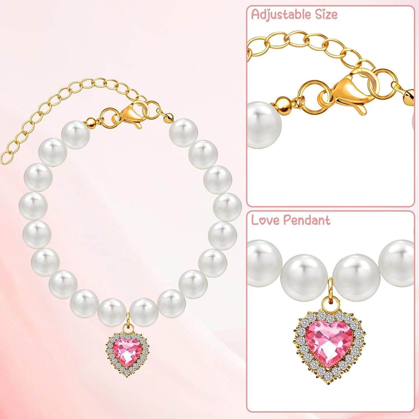 2Pcs Cat Pearl Collar with Heart Shape Pendant Rhinestone Cute Pearl Pet Necklace, Adjustable Size Small Dog Jewelry Accessories for Puppy Girl cat for Wedding Party