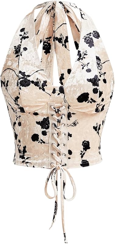 Verdusa Women's Going Out Halter Corset Tops Sleeveless Lace Up Open Back Crop Top
