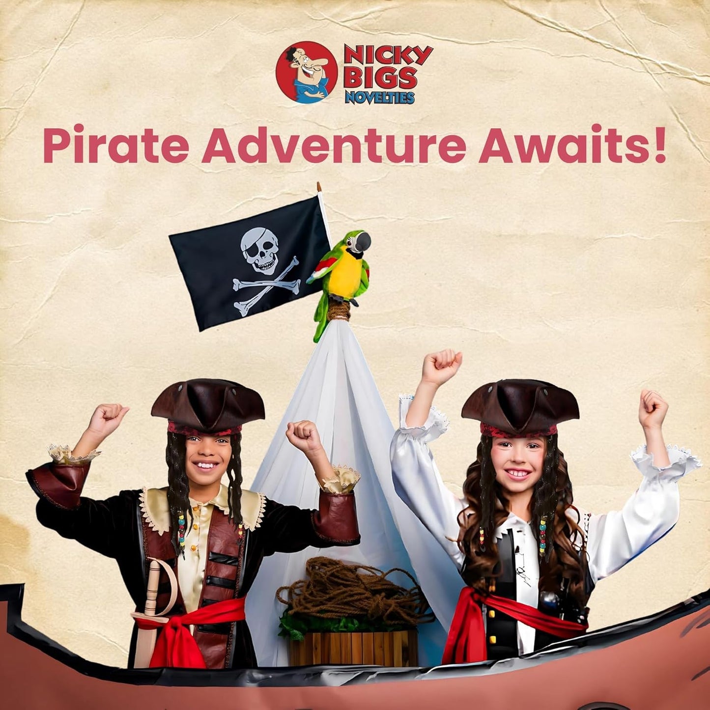 Nicky Bigs Novelties - Kids Pirate Hat with Dreadlocks and Red Band with Floral Filigree - Buccaneer Wig for Girls and Boys Costume, Caribbean Pirate Tricorn Hat Accessory, Brown