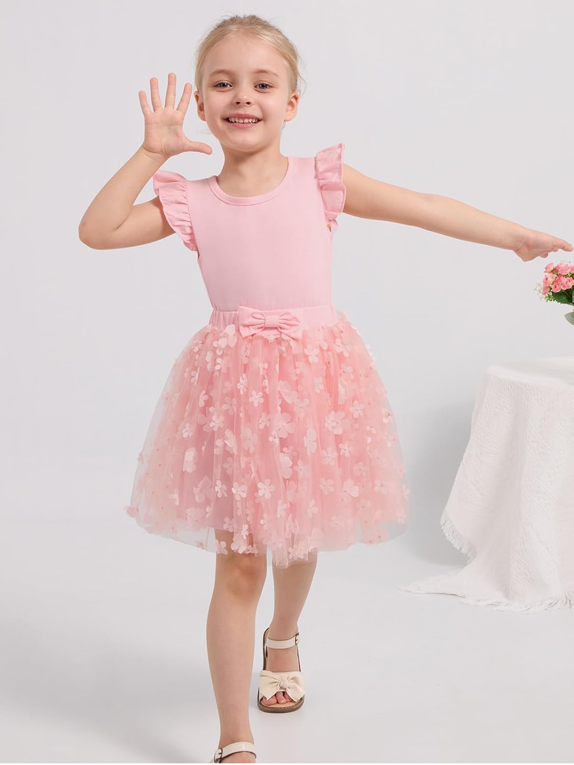 Naiyafly Girls Tulle Skirt Set Toddler Girls 2 Piece Outfits Kids Two Piece Ruffle Sleeve T-Shirt Bow Knot Tutu Dress Costume Birthday Party Outfit 3-8 Years
