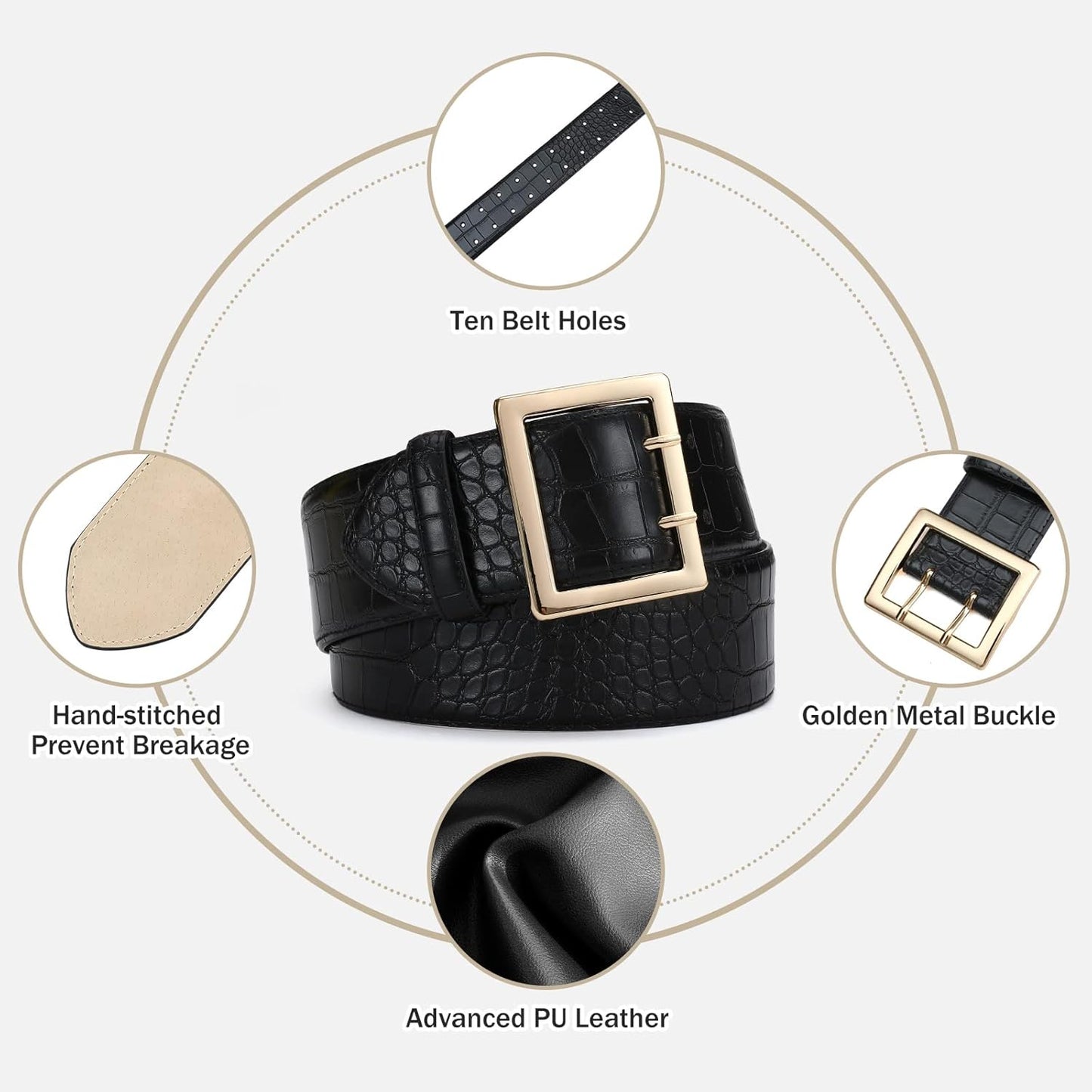 Wide Belts for Women Leather Wide Belts Fashion Thick Black Belt With Gold Buckle Belt for Dresses
