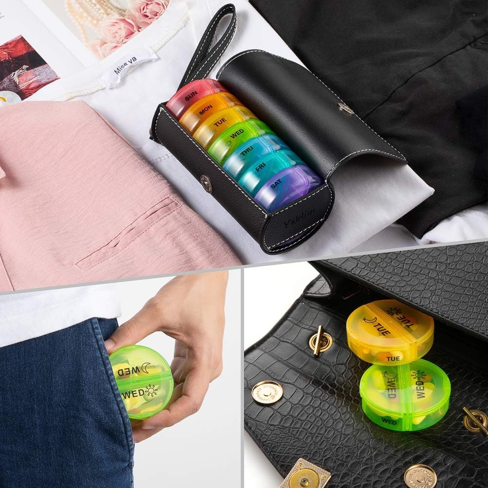 Yaklim Weekly Pill Organizer 2 Times a Day,AM PM Large Daily Pill Box with PU Leather Case for Travel,Round Medicine Organizer,7 Day Pill Container for Vitamin Fish Oils Supplement