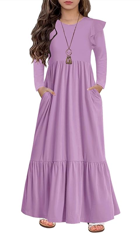 HOSIKA Girls Fall Ruffle Long Sleeve Crew Neck Loose Casual Flowy Tiered Maxi Dress with Pockets for 6-12 Y