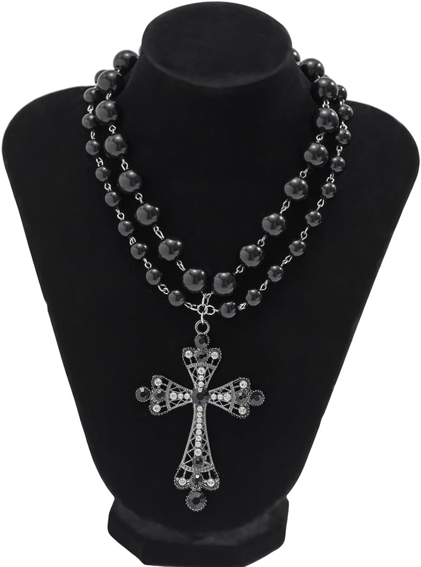 Gothic Cross Necklaces Layered Pearl Beads Cross Pendant Necklaces Punk Vintage Cross Chain Necklace Chunky Cross Necklace Gothic Jewelry for Women