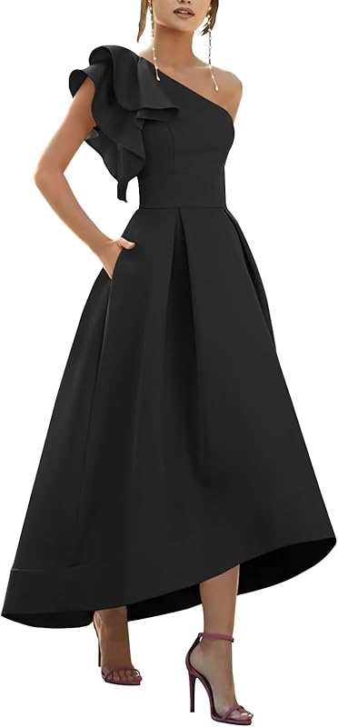 One Shoulder Satin Mother of Bride Dresses 2025 High-Low Ruffle Formal Evening Party Gowns