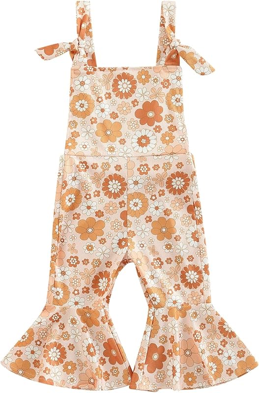 Emmababy Baby Girl Bell Bottoms Romper Toddler Floral Overalls Suspender Flare Pants Sleeveless Strap Jumpsuit Fall Clothes