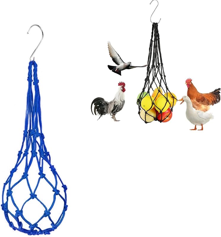 Chicken Vegetable Hanging Feeder, Chicken Vegetable String Bag, Poultry Fruit Holder Chicken Cabbage Feeder Treat Feeding Tool with S Hook for Hens Chicken Coop Toy for Hen Duck Accessories