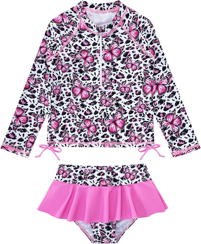 Vieille Toddler Girls Swimsuit 2 Piece Rash Guard Sets Long Sleeve Bathing Suit with UPF 50+ Sun Protection 2-6 Years