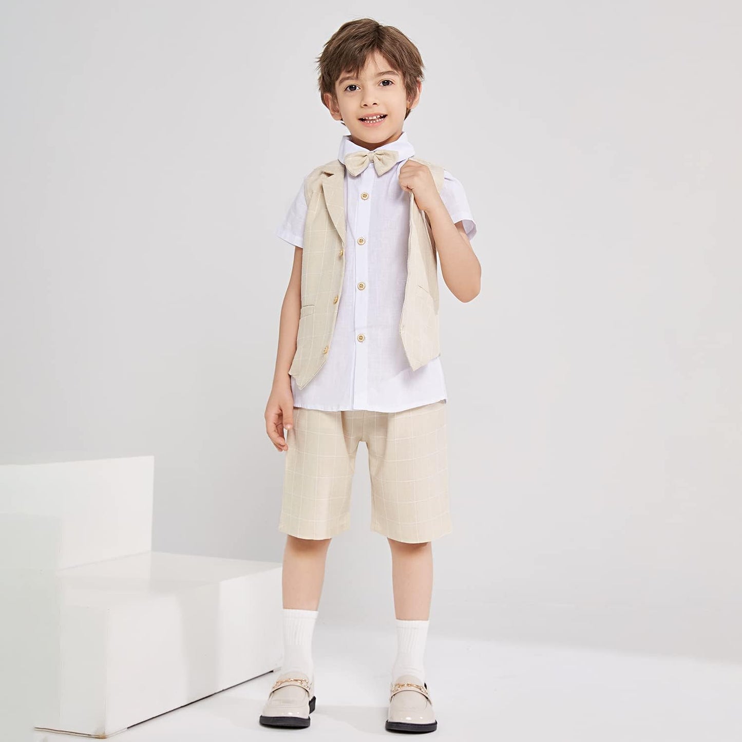 Summer Boys Suit Dress Clothes Kids Wedding Ring Bearer Outfit 4Pcs Shirt Vest Shorts Set