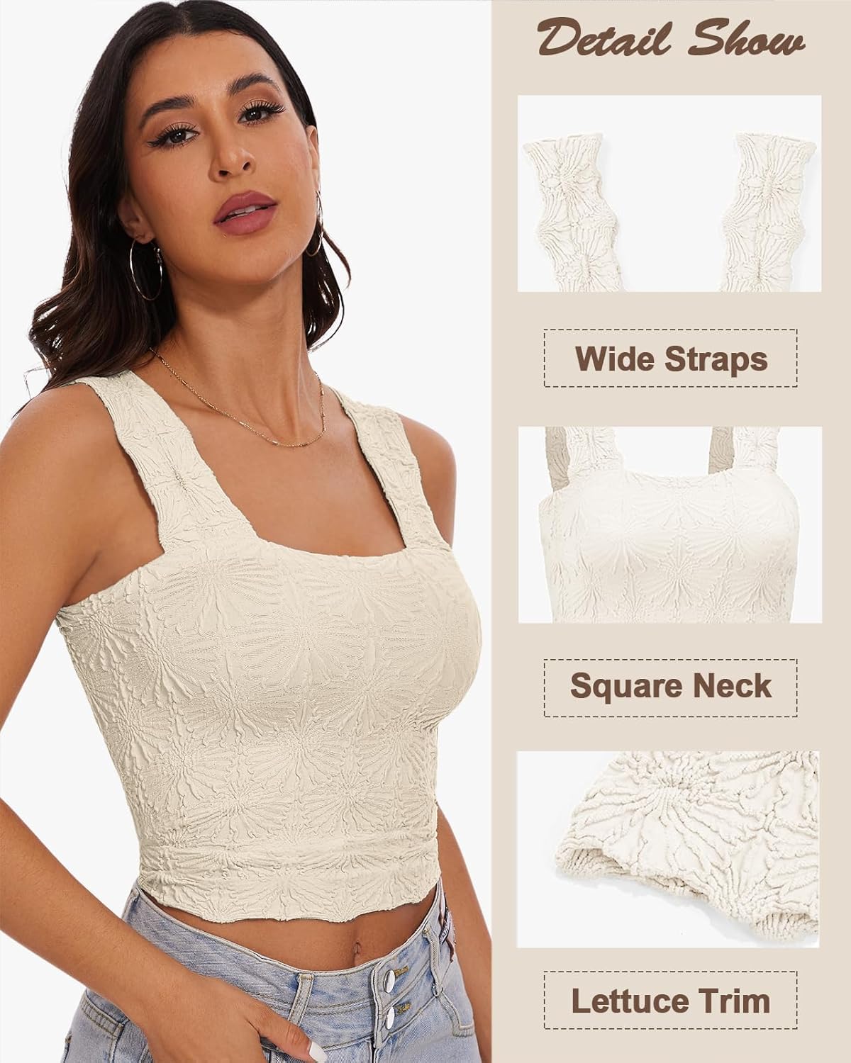 Women's Square Neck Wide Strap Crop Tank Tops Slim Fit Sleeveless Going Out Top Flower Lettuce Trim Cami Tops
