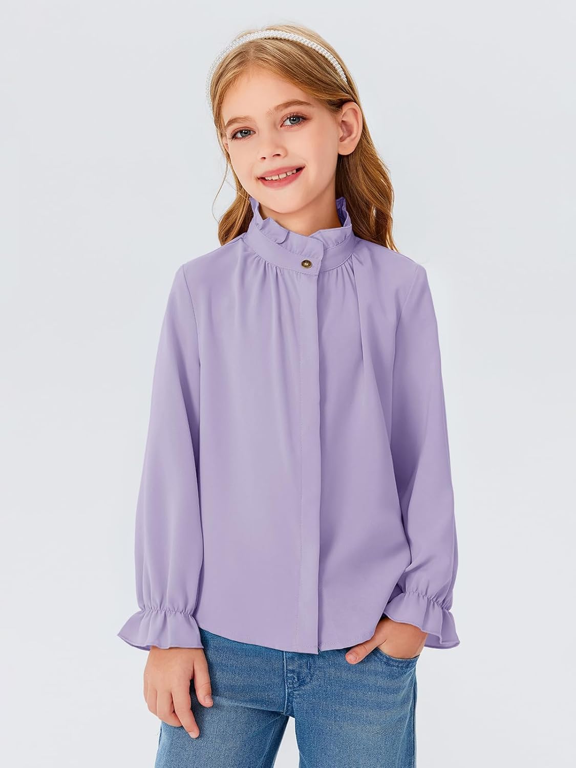 Haloumoning Girls Ruffle Long Sleeve Blouse Kids Button Down Uniform Dress Shirts 5-14 Years