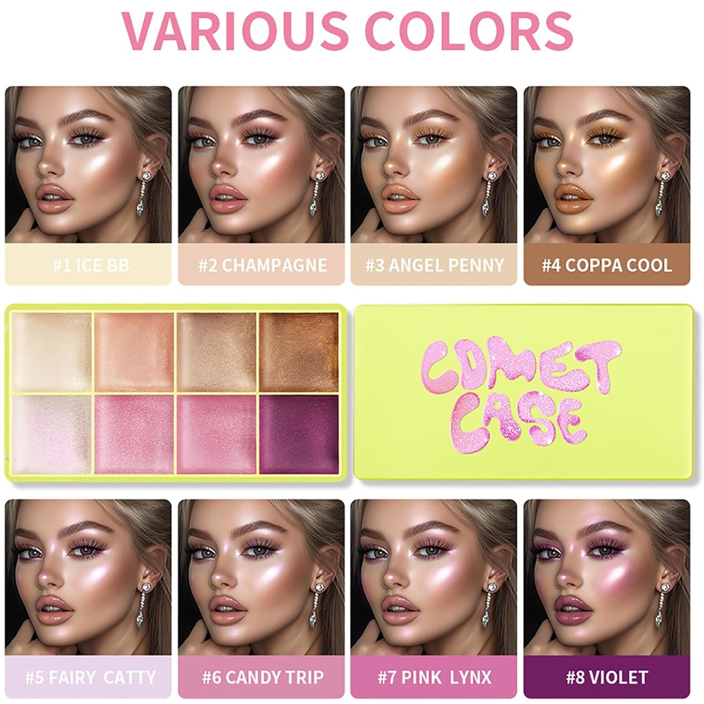 Highlighter Curve Comet Case, 8 Colors Cream Highlighter Shimmer Glow Silver Gold Blossom Glowy Finish Makeup Palette