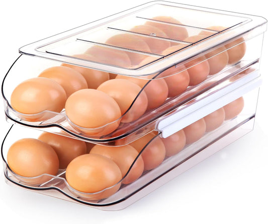 Egg Holder for Fridge, Automatic Rolling Egg Container for Refrigerator, Stackable Fridge Organizers and Storage with Lid, Clear Plastic Egg Dispenser & Tray (2 Tier) - TrendyLookz