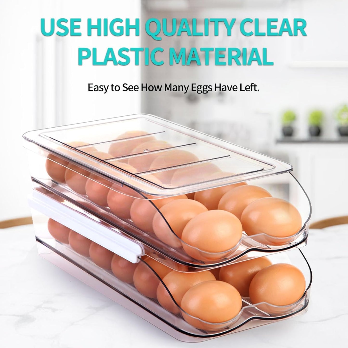 Egg Holder for Fridge, Automatic Rolling Egg Container for Refrigerator, Stackable Fridge Organizers and Storage with Lid, Clear Plastic Egg Dispenser & Tray (2 Tier) - TrendyLookz