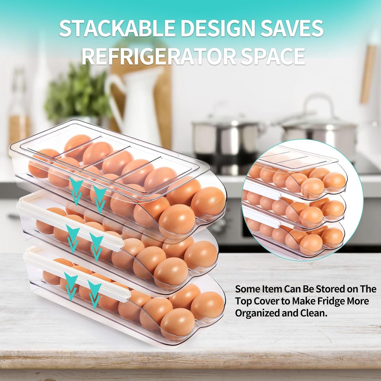 Egg Holder for Fridge, Automatic Rolling Egg Container for Refrigerator, Stackable Fridge Organizers and Storage with Lid, Clear Plastic Egg Dispenser & Tray (2 Tier) - TrendyLookz