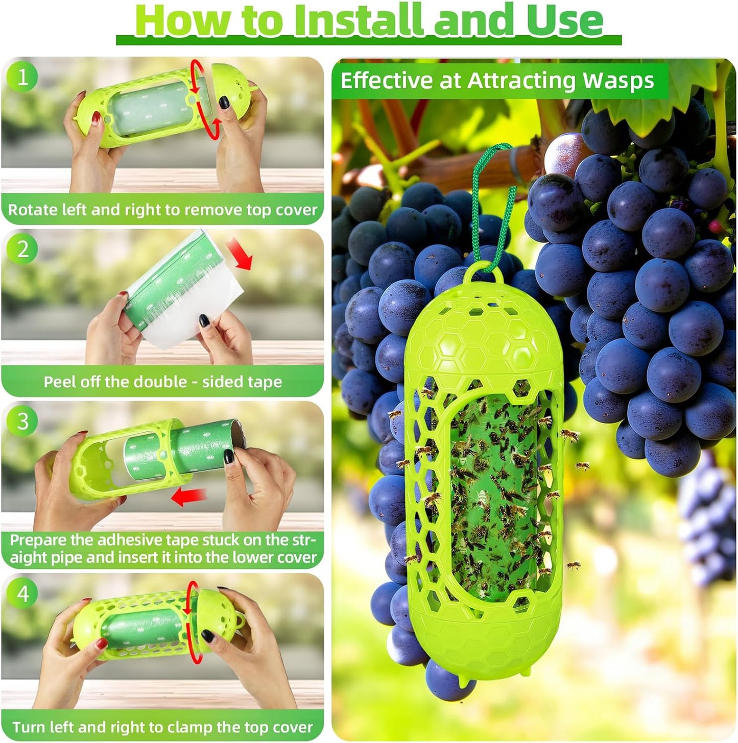 2 Pack Upgraded Outdoor Hanging Wasp Trap, Bee Traps for Outdoor Yellow Jacket Bee Catcher Trap, 2 PCS Refillable Sticky Papers, Fly Bug Insect Deterrent Killer