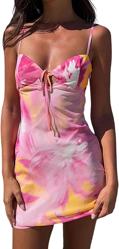 Women Floral Mini Dress Bohemian Spaghetti Strap Sleeveless Bodycon A-Line Dress Short Cami Swing Dress Clubwear Y2K