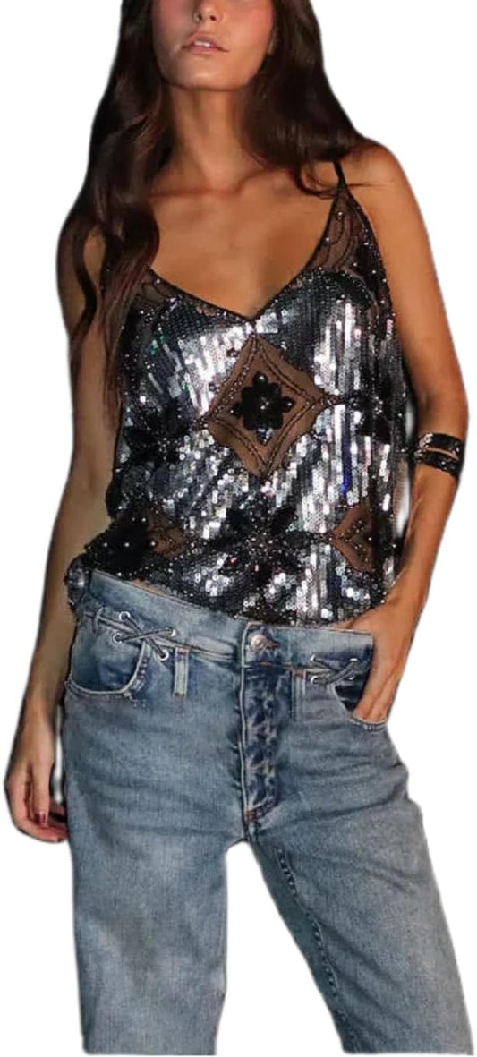 Women Y2K Sequin Cami Top Sexy Sparkly V Neck Tank Top Backless Glitter Crop Tops Floral Rhinestone Clubwear