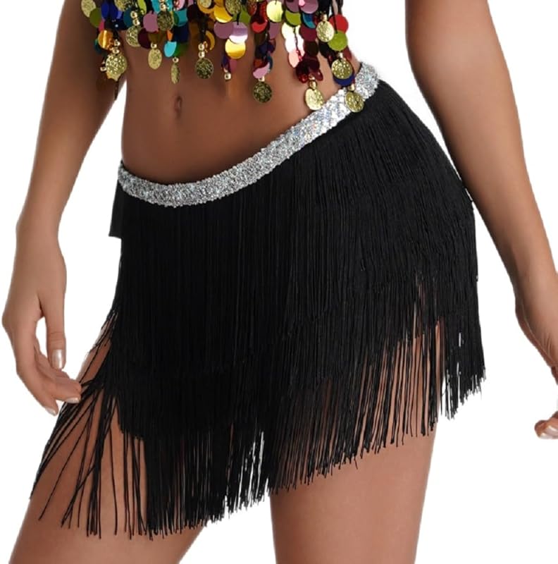 Women Belly Dance Skirt Tassel Fringe Skirts Sparkly Sequin Hip Scarf Party Costume