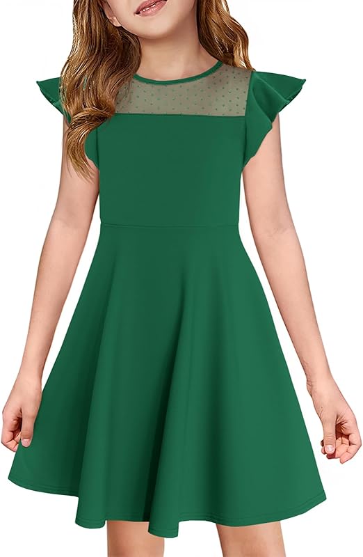 Haloumoning Girls Dress Summer Ruffle Sleeve Mesh A Line Casual Party Dresses with Pockets for Kids 4-14 Years