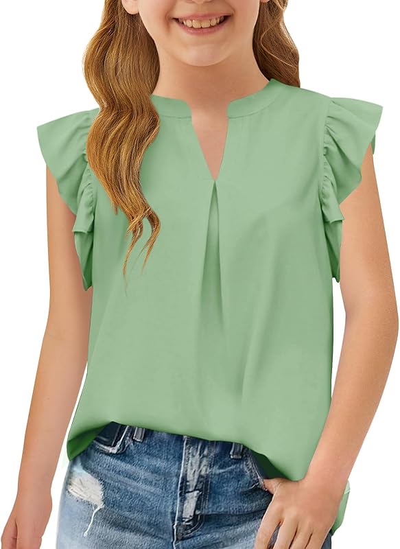 Haloumoning Girls Summer T Shirts Kids Fashion V Neck Ruffle Short Sleeve Tops Blouse 5-14 Years