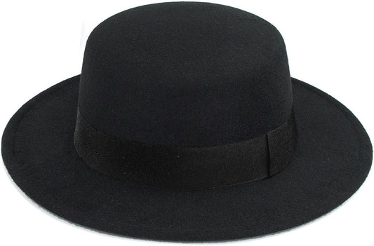 Classic Black Flat-Top Fedora Hat Wide-Brim Pork-Pie Hat Boater Hat Church Dery Cap for Women Men
