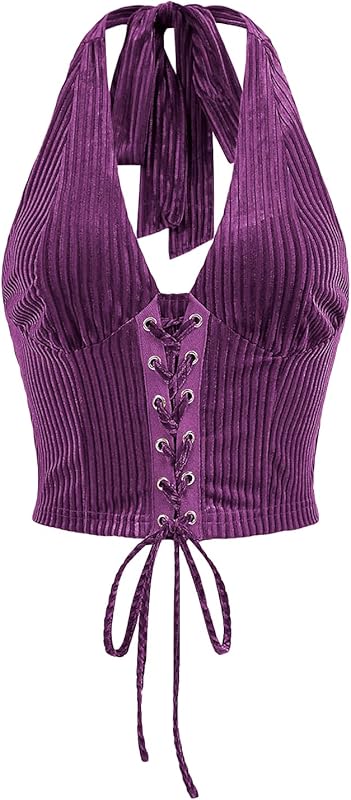 Verdusa Women's Going Out Halter Corset Tops Sleeveless Lace Up Open Back Crop Top