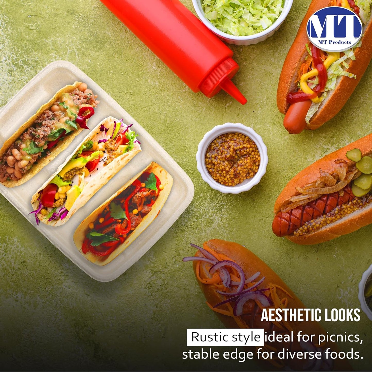 MT Products Pulp Fiber Taco Plates 8.99" x 6.52" x 1.67" - 3 Compartments Taco Holder- Pack of 15