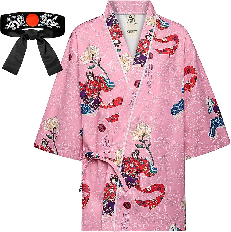 Japanese Sushi Restaurant Chef Coat Uniforms, 3/4 Sleeve Kimono Floral Workwear Jacket Dragon Black Headband XL