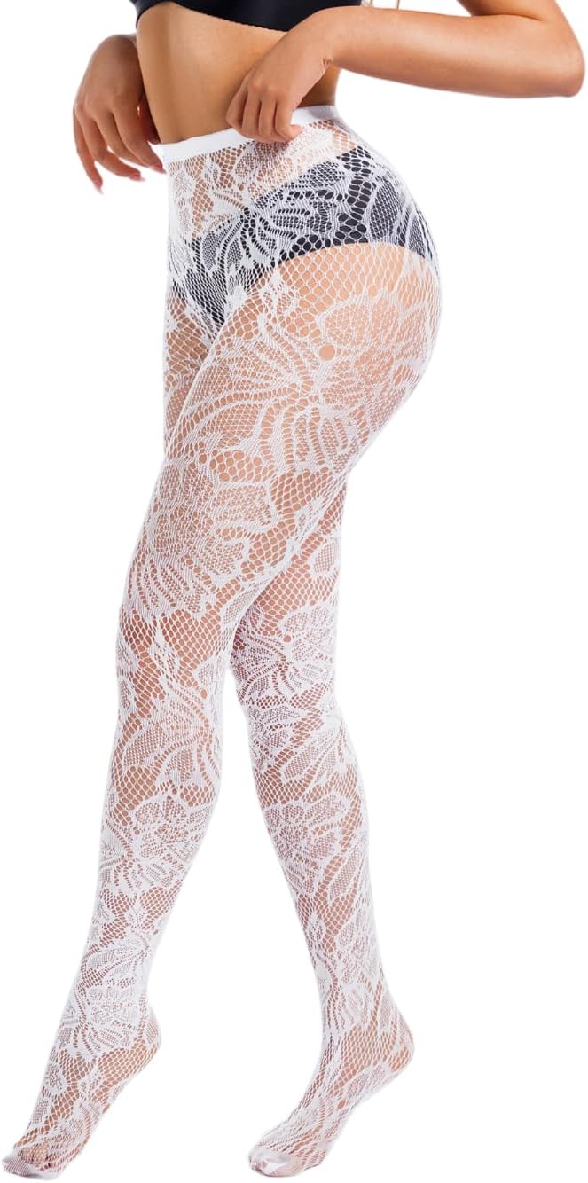Sexy Lace Tights For Women, High Waisted Fishnet Stockings Concert, Floral Patterned Pantyhose Leggings Rave Outfits