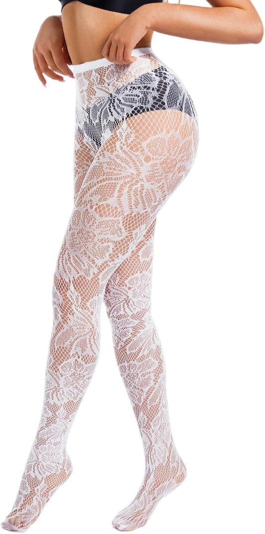 Sexy Lace Tights For Women, High Waisted Fishnet Stockings Concert, Floral Patterned Pantyhose Leggings Rave Outfits
