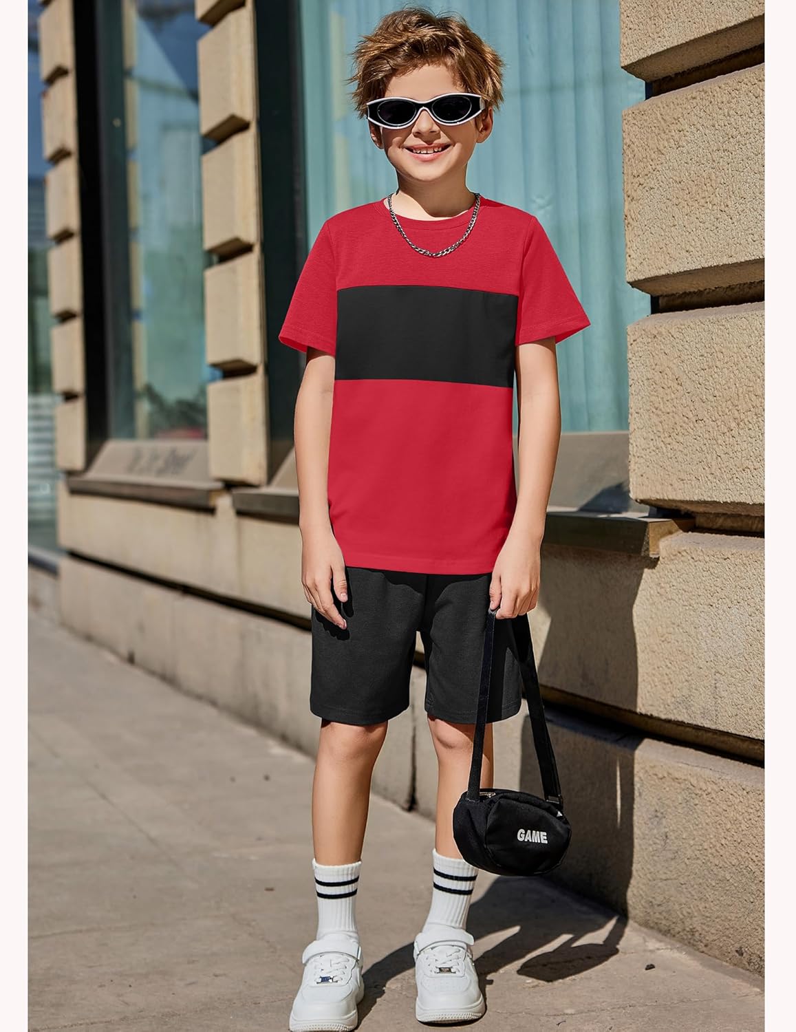 Arshiner Boys' 2-Piece Cotton Outfit Color Block T-Shirt and Shorts Set Casual Summer Clothes for Kids 6-14 Years