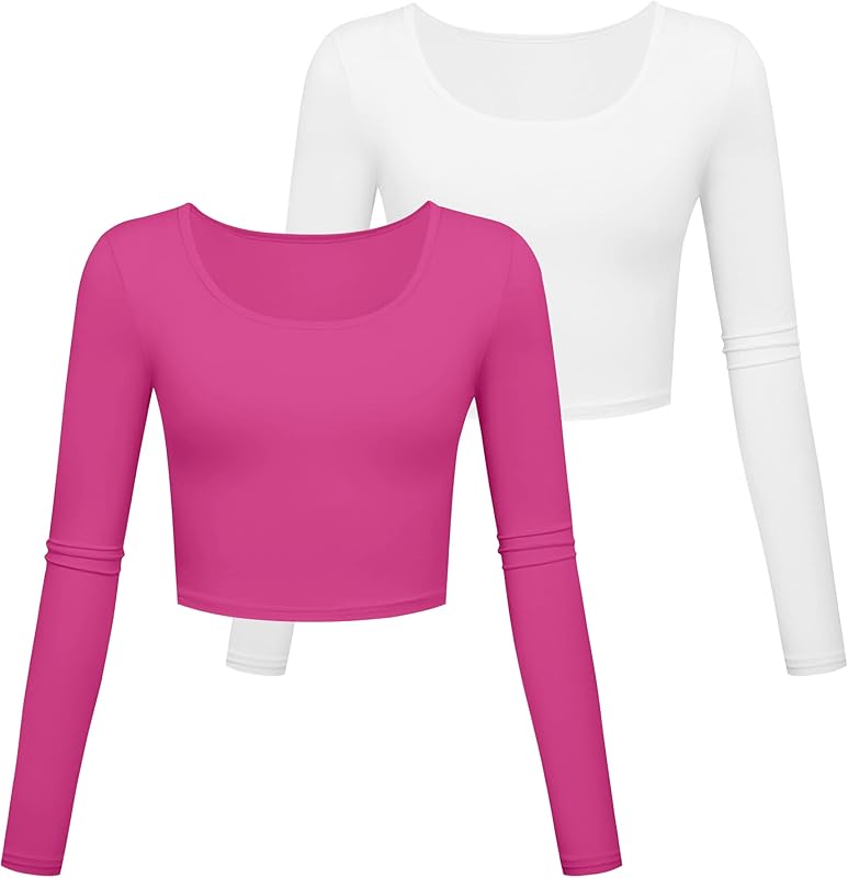 Long Sleeve Crop Tops for Women Workout Basic Clothes for Teen Ladies Fitted Slim Scoop Neck Cute Yoga Shirts