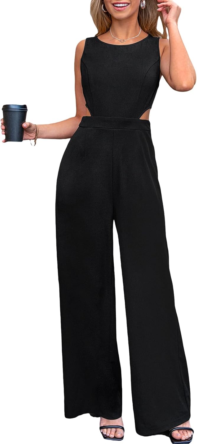 CUPSHE Combinaison pour femme avec découpe col rond sans manches et dos nu, jambes longues et larges, style élégant et décontracté