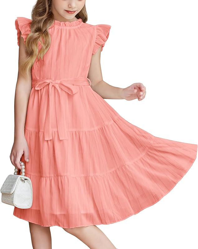 Arshiner Tween Girls Summer Dress Formal Ruffle Sleeve A Line Casual Elegant Dresses with Belt