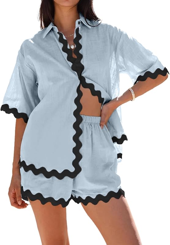 Danedvi Womens 2 Piece Outfits Beach Vacation Summer Short Sleeve Button Down Shirts and Shorts Lounge Sets