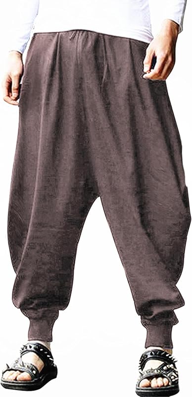 AITFINEISM Men's Drawstring Aladdin Hippie Harem Pants Loose Drop Crotch Trousers