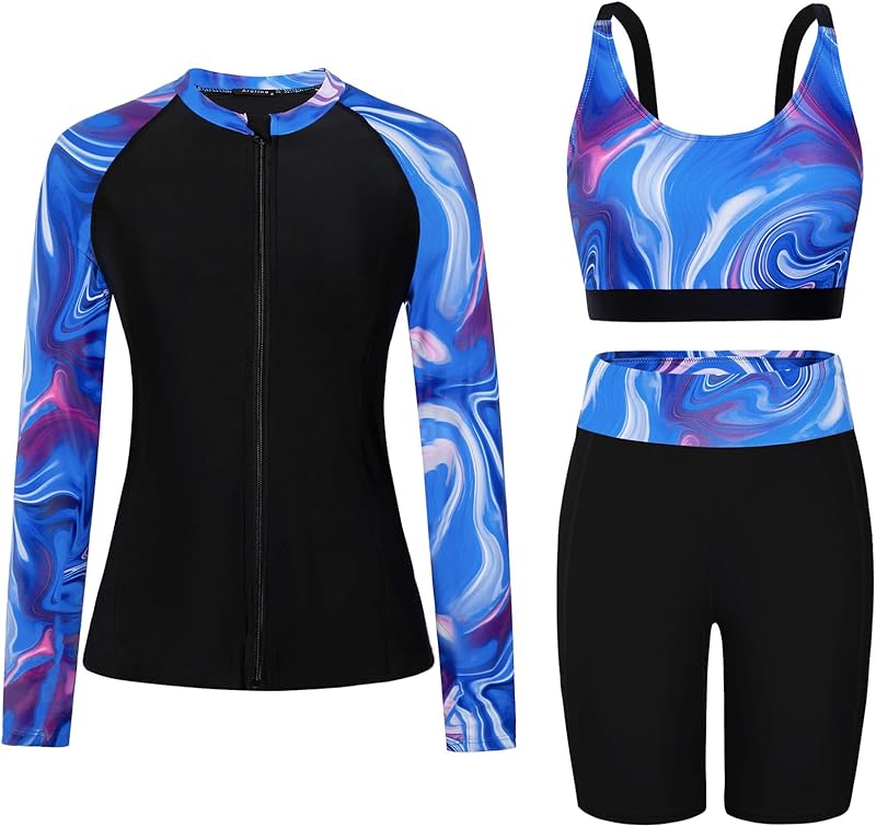 Arolina Womens Rash Guard Long Sleeve Swim Shirts Swimsuit 2025 Bathing Suit with Womens Swim Shorts & Two Pockets