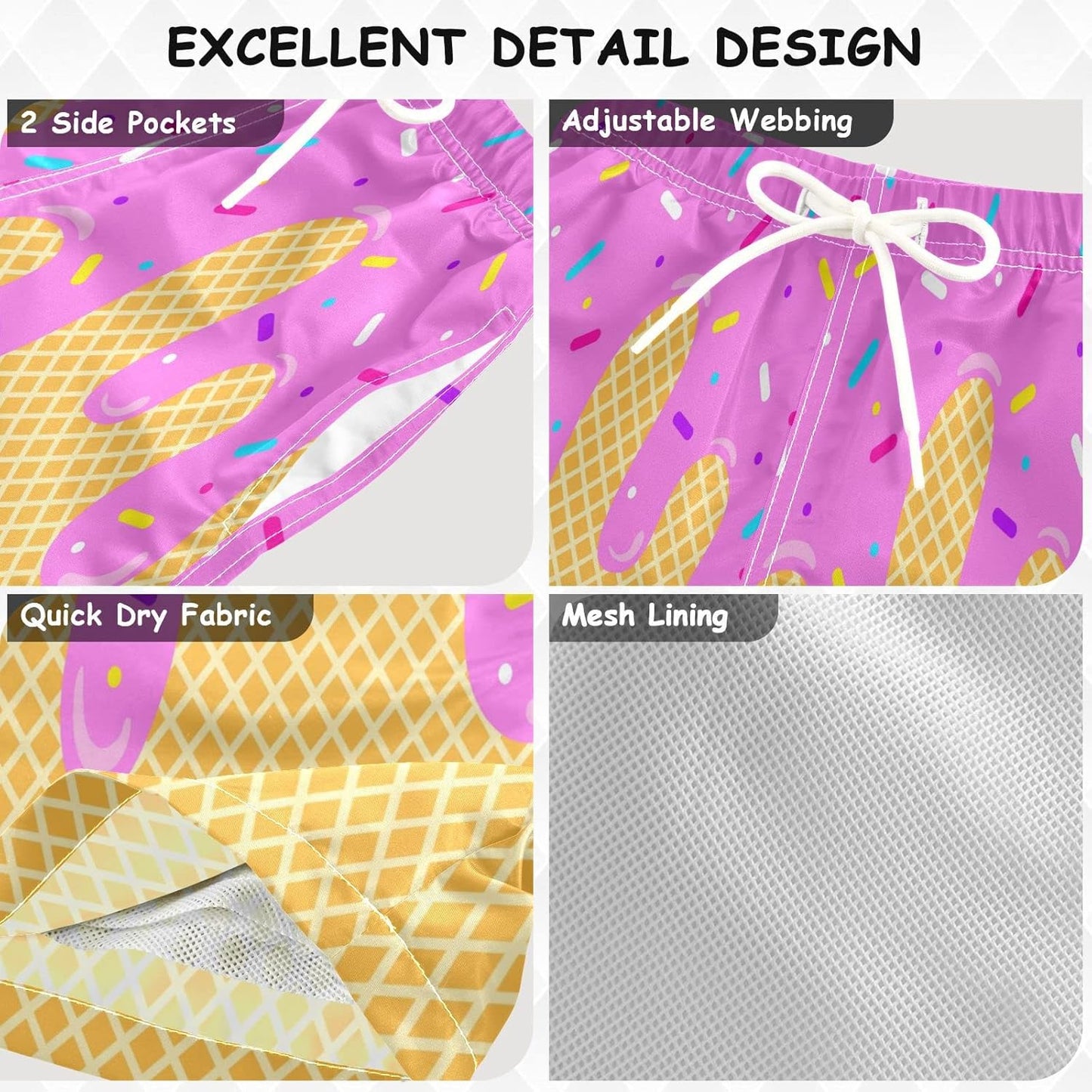 Ice Cream Boy Swim Trunks Waffle Or Cone Quick Dry Bathing Suit Swimsuit,Toddler Beach Board Shorts 2-16Years