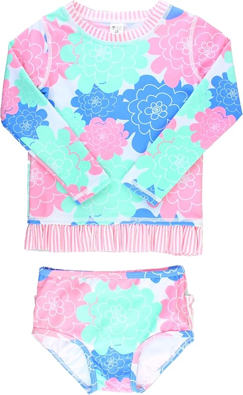 RuffleButts Baby/Toddler Girls Long Sleeve Rash Guard UPF50+ Sun Protected Bikini Swimsuit