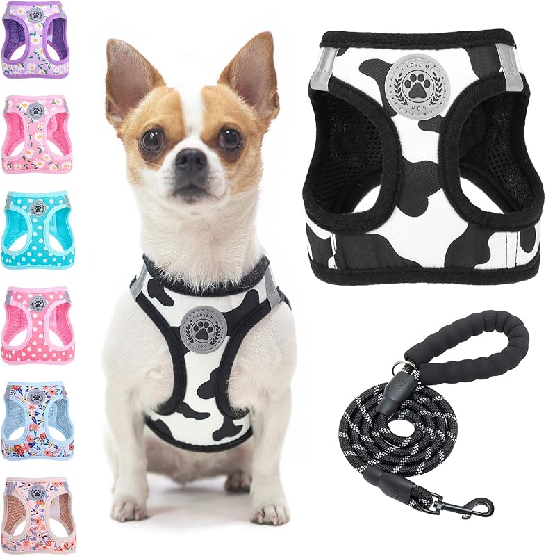 BEAUTYZOO Plaid Dog Harness and Leash Set for XS S Pets, Step-in No Choke No Pull Soft Mesh Vest Harness, Reflective for Extra-Small/Small Medium Puppy Dogs and Cats, Beige S