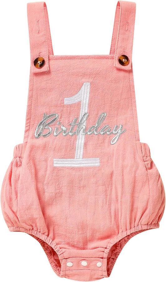 Baby Boys Girls 1st Birthday Romper Baby First Birthday Outfit Boy Solid Color Jumpsuit Cake Smash Outfit