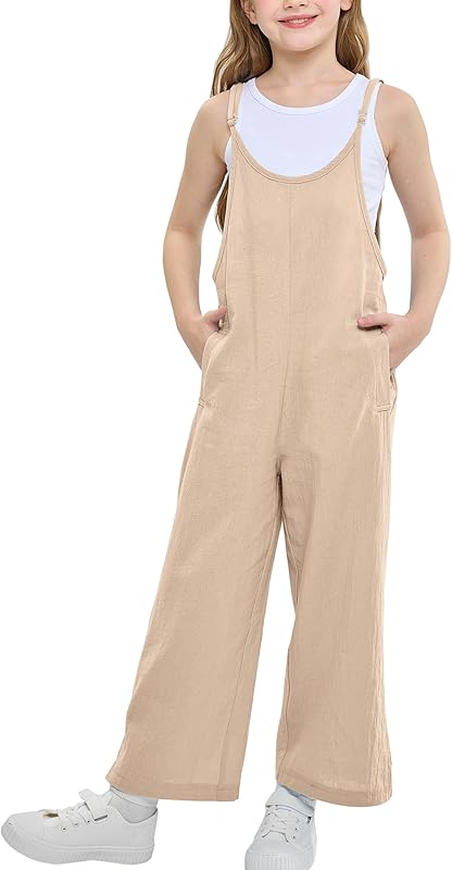 Rolanko Girls Jumpsuit Adjustable Spaghetti Strap Loose Overalls Rompers, Cotton Baggy Plain Playsuits with Pockets for Age 5-12 Years