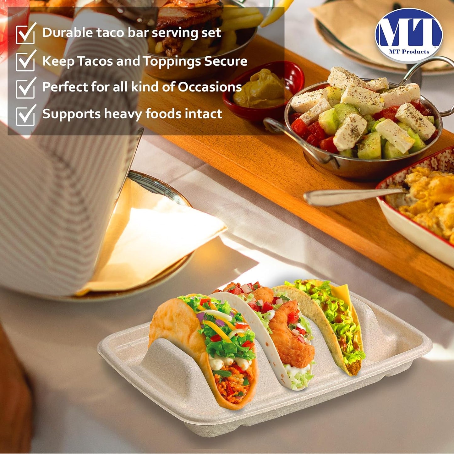 MT Products Pulp Fiber Taco Plates 8.99" x 6.52" x 1.67" - 3 Compartments Taco Holder- Pack of 15