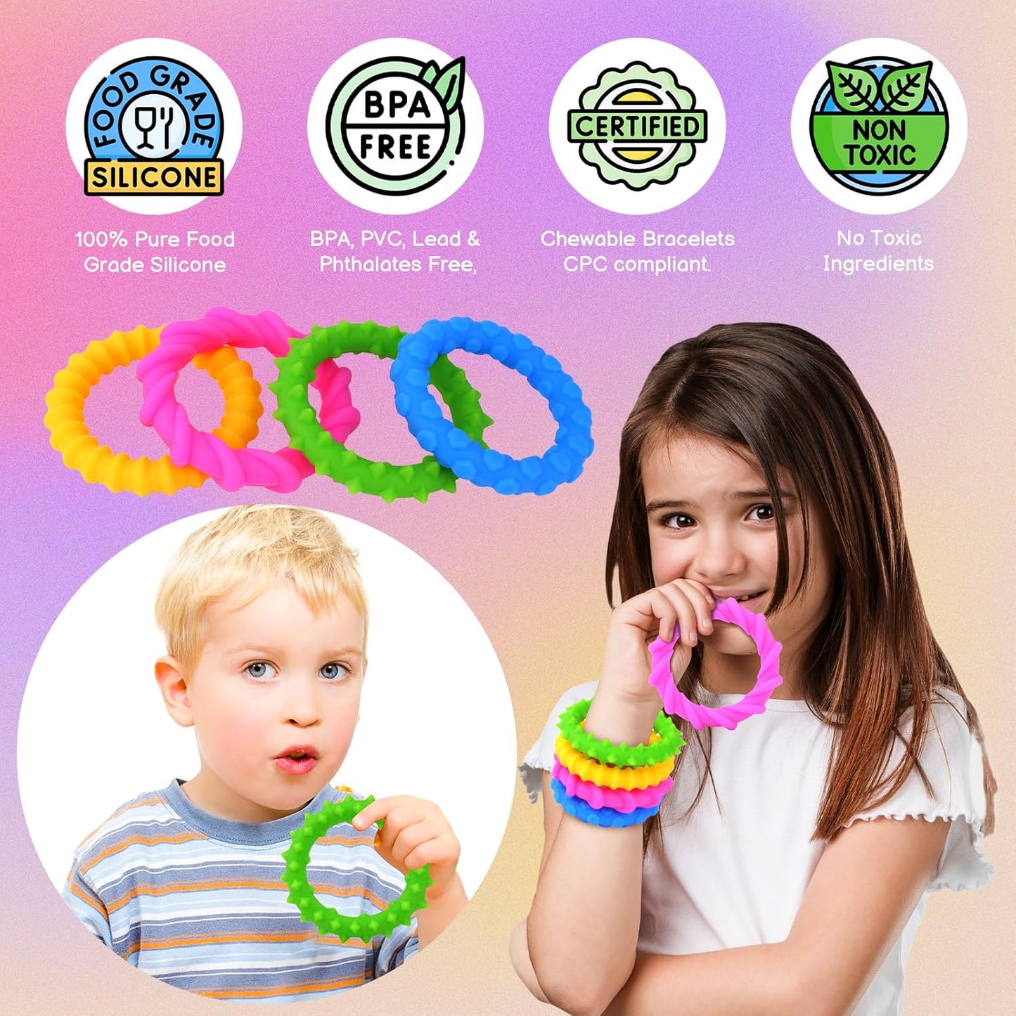 Sensory Fidget Toys Kids Toddlers - 4 Pack Chew Sensory Rubber Bracelet | Calming Autism Quiet Fidgets & Texture Anxiety Silent Toys for Classroom Prizes | Gifts Christmas Stocking Stuffers for Kids