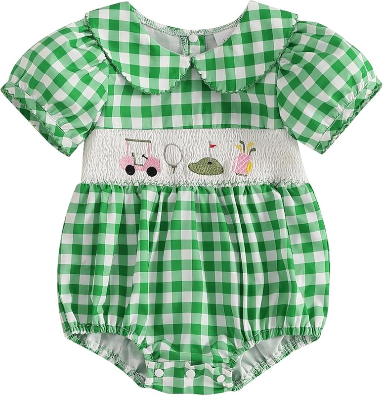 Newborn Baby Girl Golf Outfit Summer Doll Collar Bubble Short Sleeve Golfing Theme Embroidery Smocked Plaid Romper Bodysuit