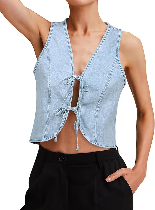 Womens Denim Vest Crop Sleeveless V Neck Denim Top Retro Tie Up Front Jean Vest
