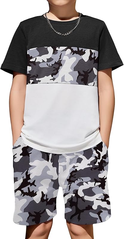 Arshiner Boys' 2-Piece Cotton Outfit Color Block T-Shirt and Shorts Set Casual Summer Clothes for Kids 6-14 Years