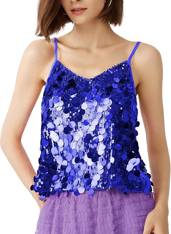 Women's Sequin Tops - V-Neck Sparkle Tank Tops - Spaghetti Strap Shimmer Camisole Party Club Cocktail Cami