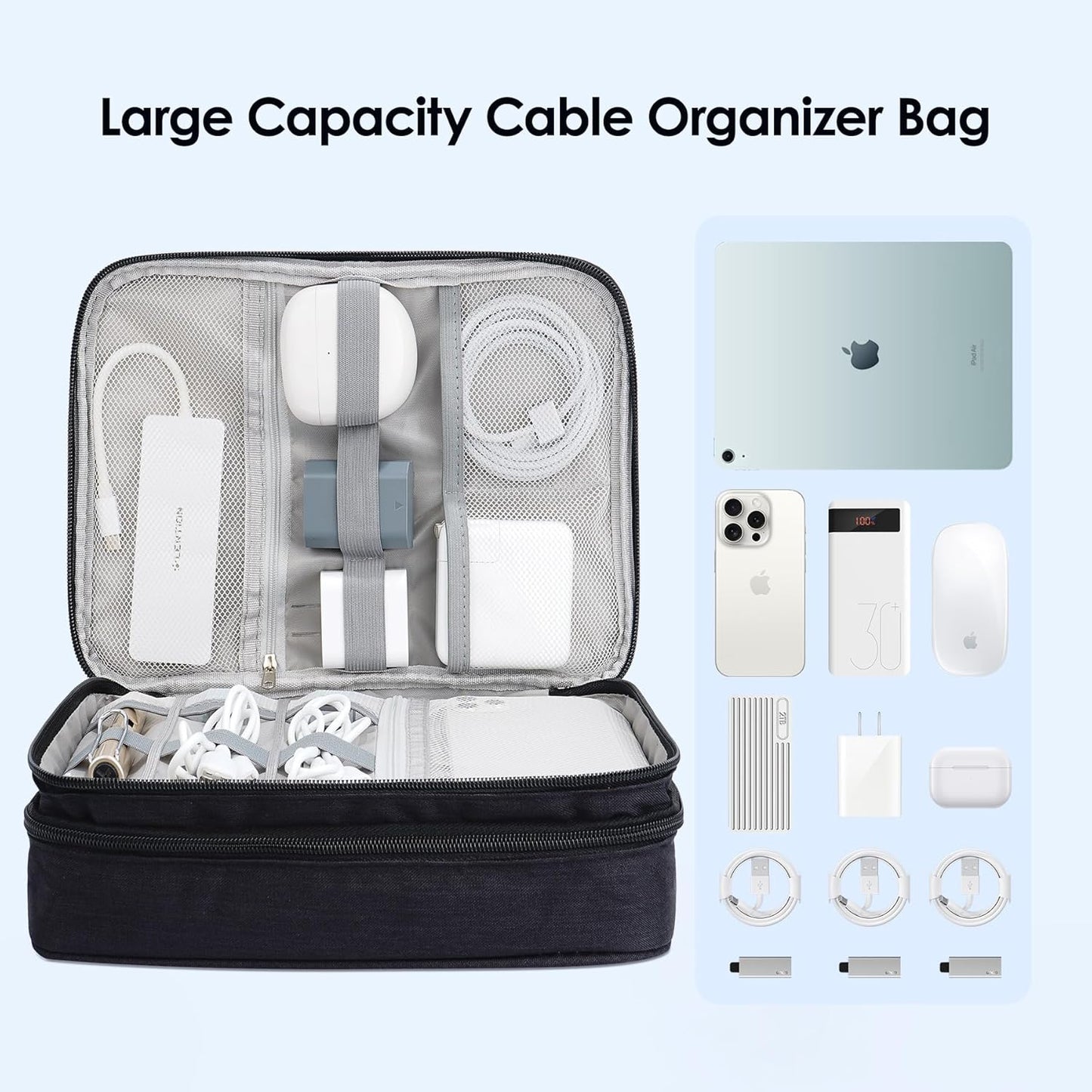 LENTION Cable Electronics Organizer Bag Pouch, Travel Accessories Carry Case Waterproof Double Layers All-in-One Storage Bag Carrying for Cord, Charger, Power Bank, Earphone Black